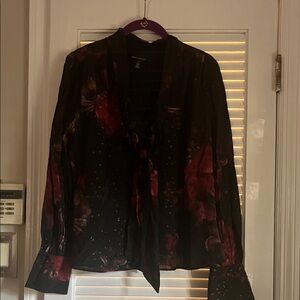 White House Black Market Black Floral Tie-Neck Blouse with Red Accents